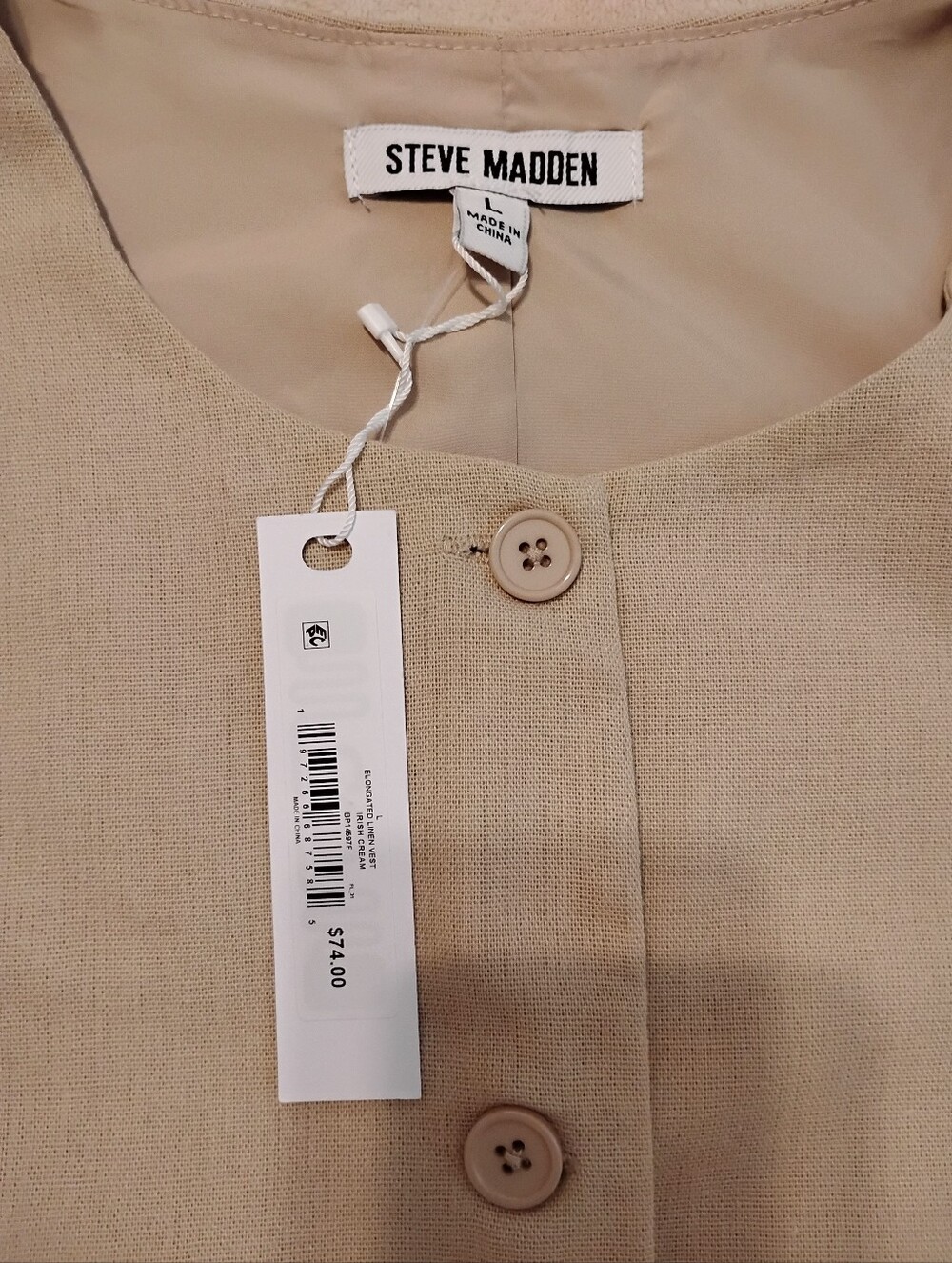 Steve Madden Beige Button Front Vest Size Large NWT MSRP $74 - Picture 2 of 10